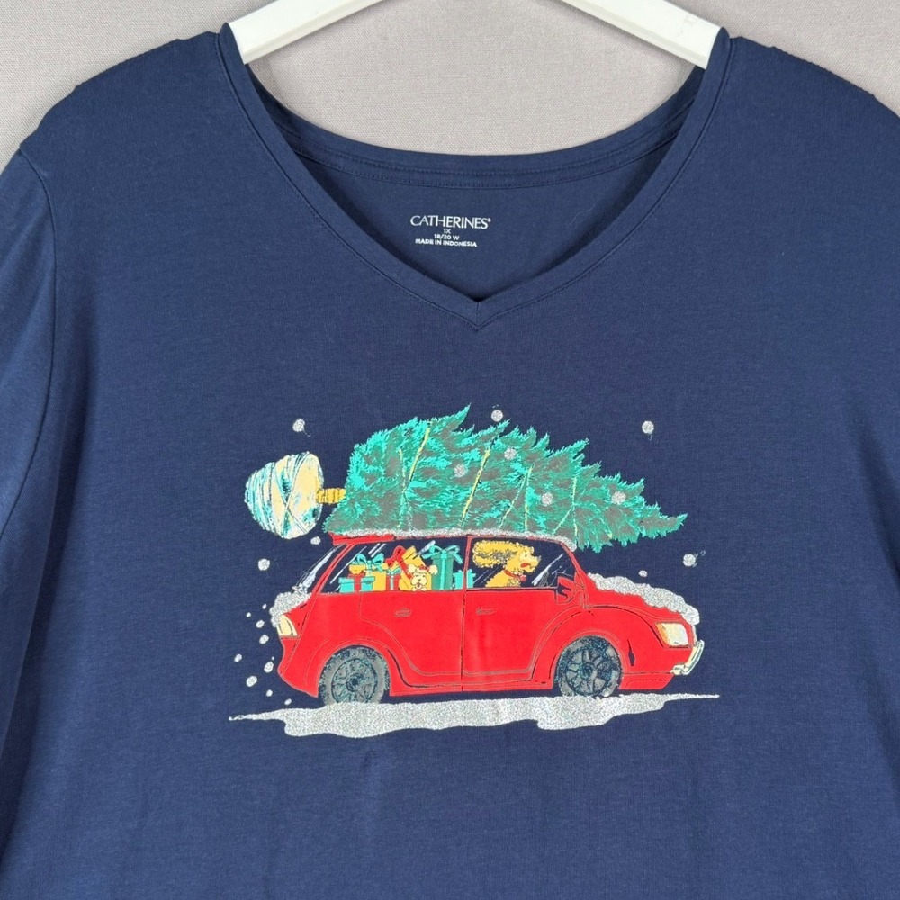 Catherines T-Shirt Womens 1X Navy Christmas Holiday V-Neck Long Sleeve